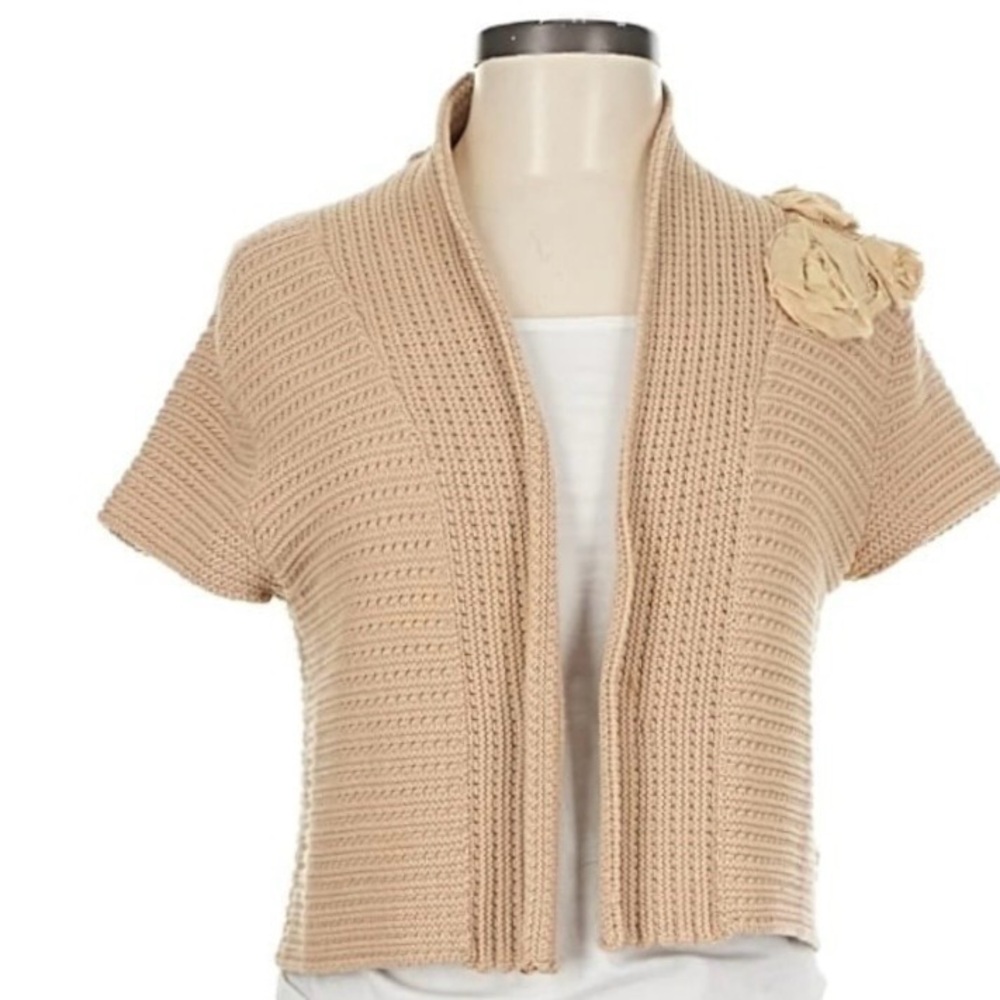 CAbi Rosette Tan Cropped Sweater Shrug Sz L #294